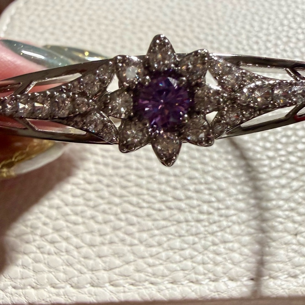 Silver-tone and Purple Women's Bangle Bracelet - 18K White Gold Filled - Picture 8 of 11